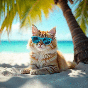 a Florida Maine Coons, Maine Coon Kitten wearing sunglasses on a beach in Florida. Keep your Cats Cool.